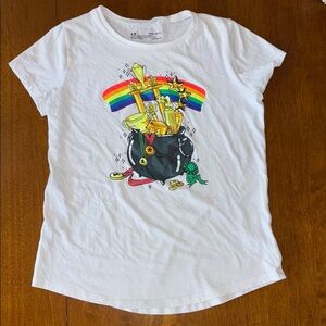 White Kids' T-Shirt with Rainbow and Pot of Gold Design